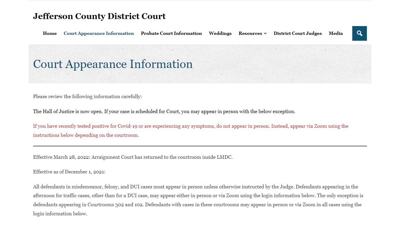 Court Appearance Information – Jefferson County District Court